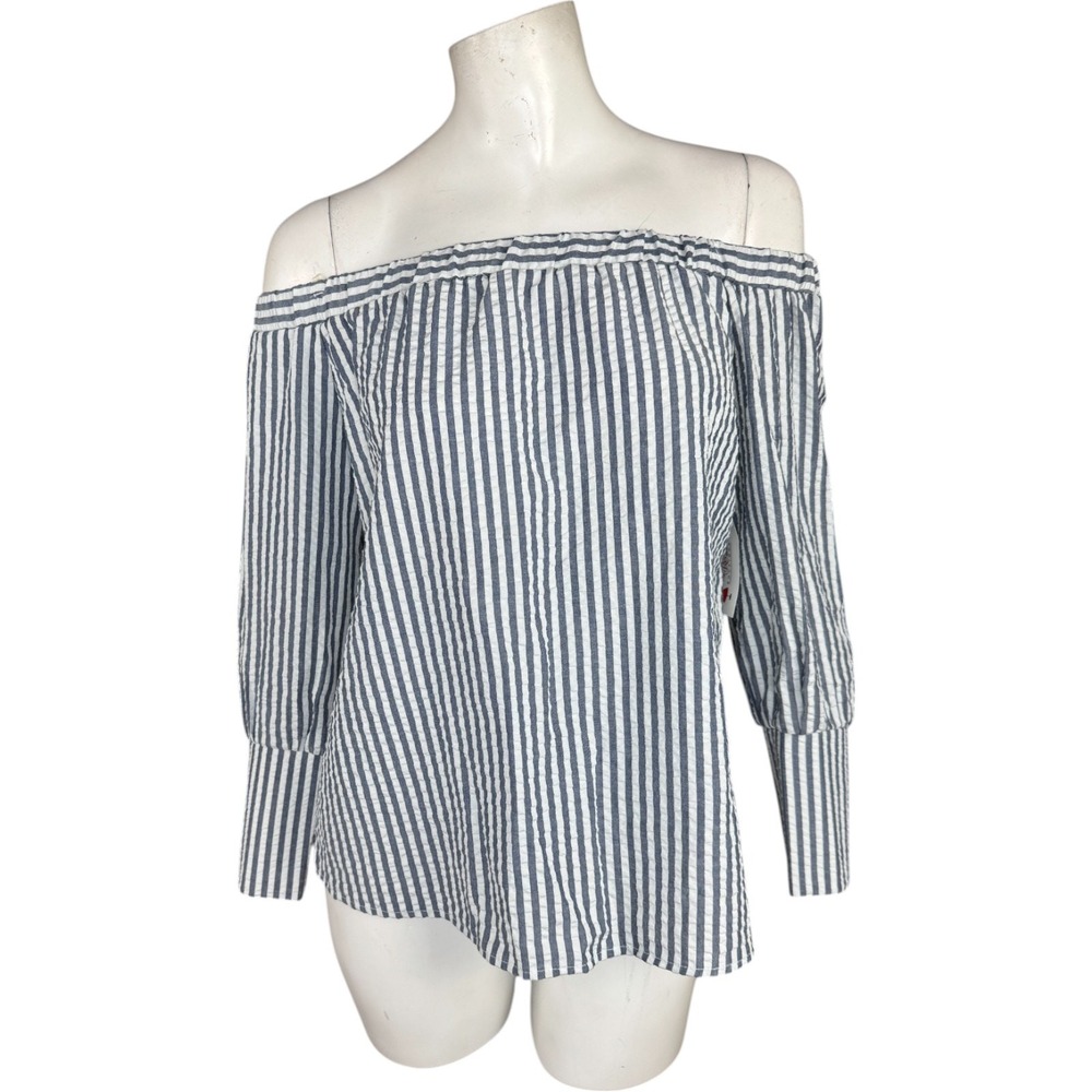 Ces Femme Blue White Stripe Off Shoulder Blouse‎ Small Cotton Poly NWT